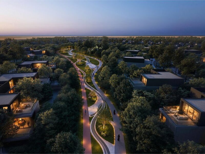 Render of tree-lined villas and a walking path in the Al Rimal community in Riyadh