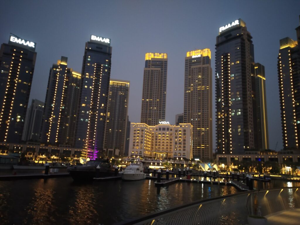 Emaar towers at Dubai Creek Harbour at night