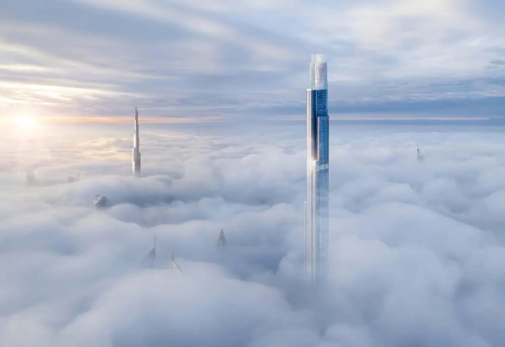 Render of Burj Azizi rising above a layer of clouds next to Burj Khalifa