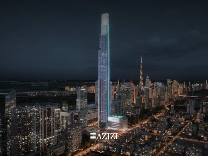 Night render of the 725 m Burj Azizi tower beside Sheikh Zayed Road