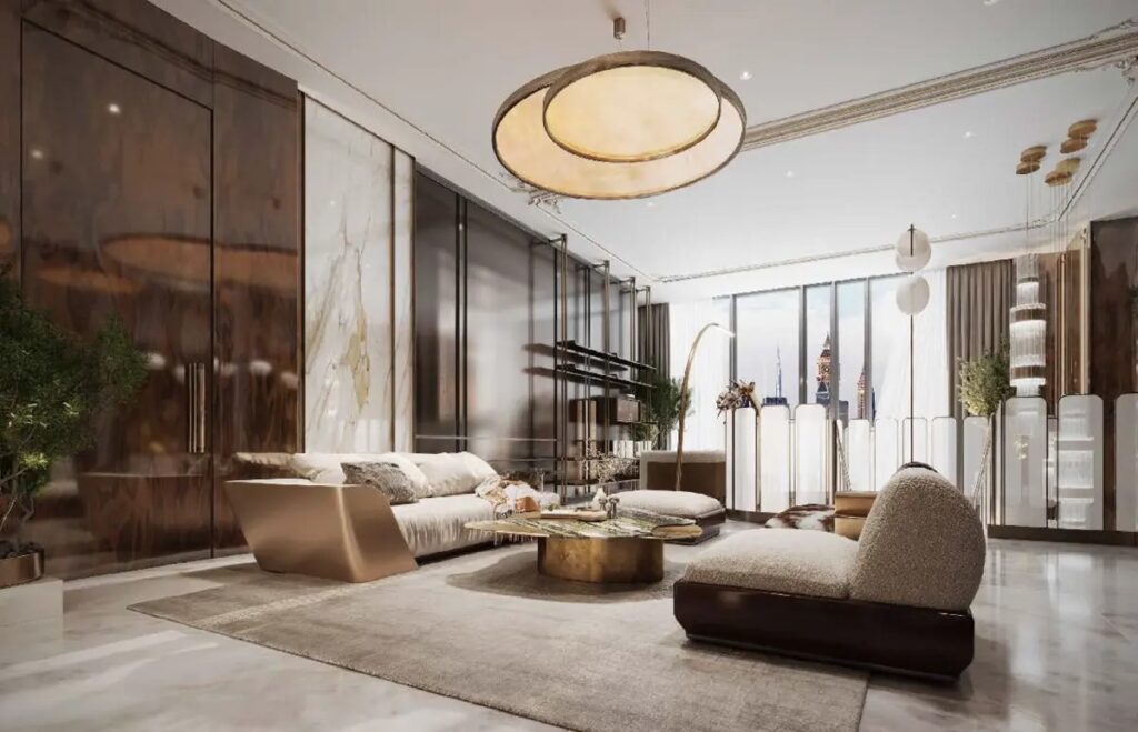 Render of a living room with a spiral staircase inside a Burj Azizi home