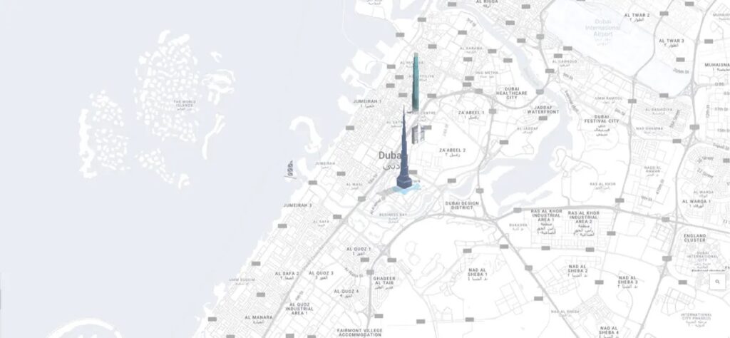Map of Dubai showing the Burj Azizi site on Sheikh Zayed Road near Burj Khalifa