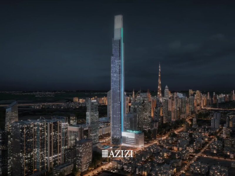 Night render of the 725 m Burj Azizi tower on Sheikh Zayed Road