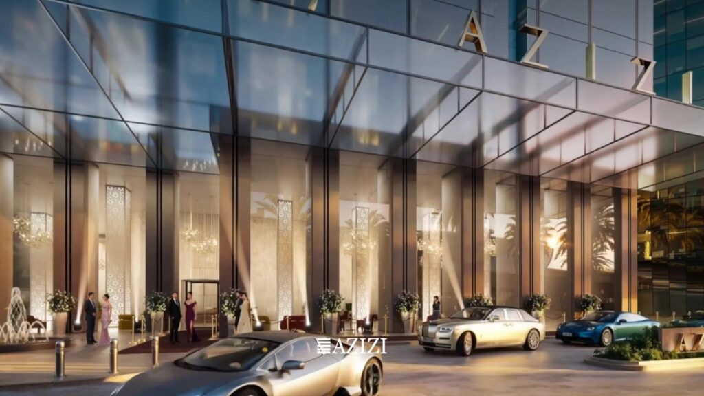 Render of the Burj Azizi entrance with luxury cars at night