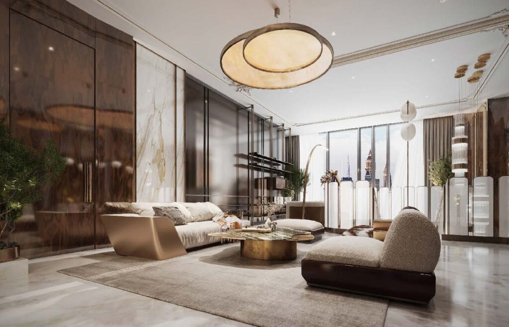 Render of a living room inside a Burj Azizi apartment