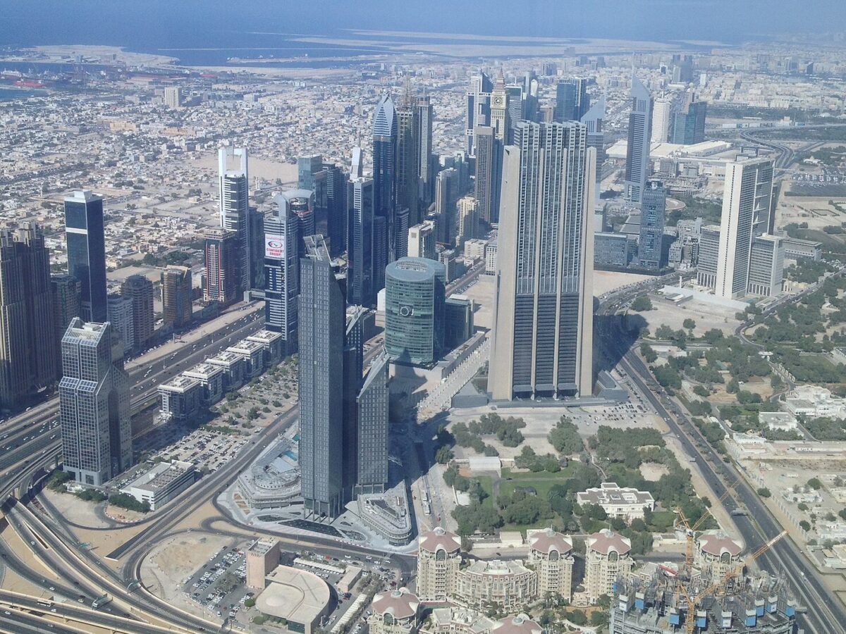 Aerial view of DIFC towers and Sheikh Zayed Road from the Burj Khalifa observation deck