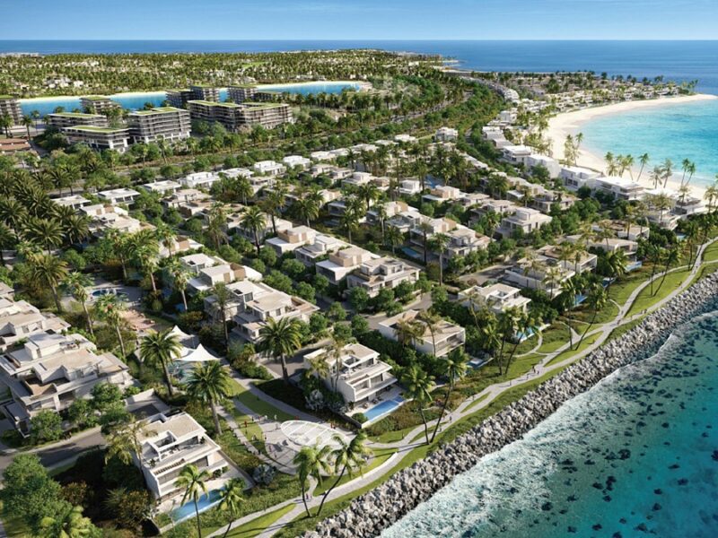 Aerial render of Bay Villas on Dubai Islands with a white-sand beach and breakwater