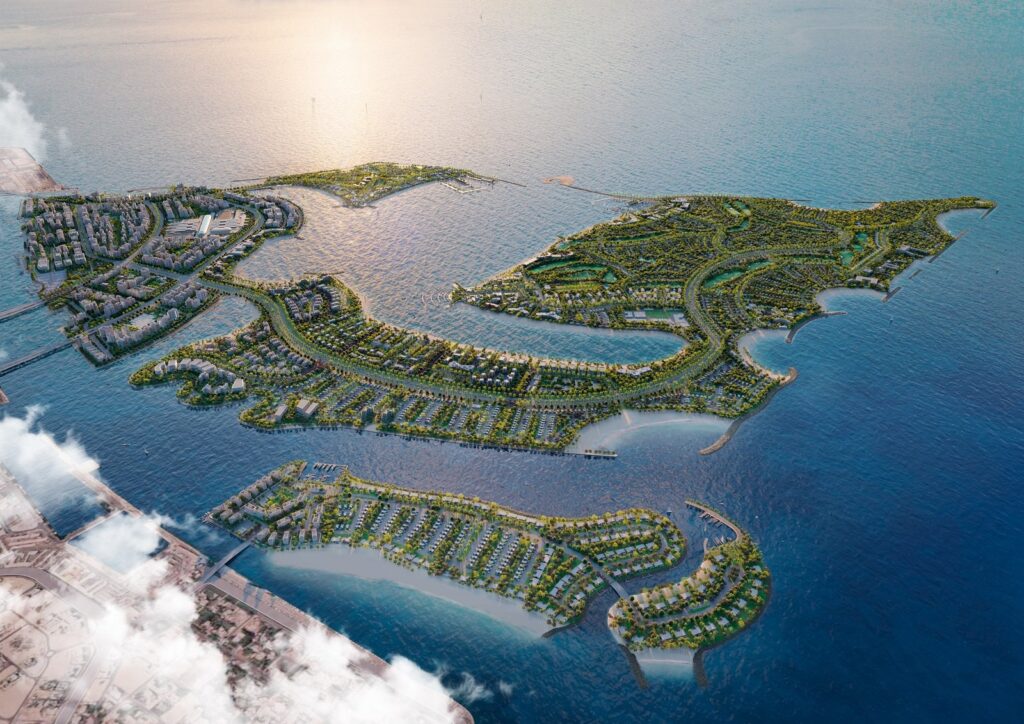 Aerial render of the five Dubai Islands off Deira