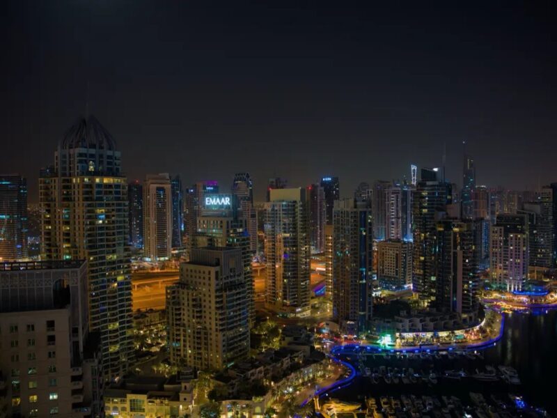 Dubai Marina towers and waterfront at night