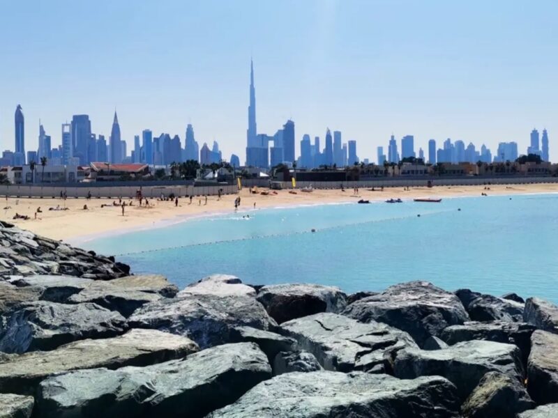 La Mer beach in Jumeirah with the Dubai skyline and Burj Khalifa behind