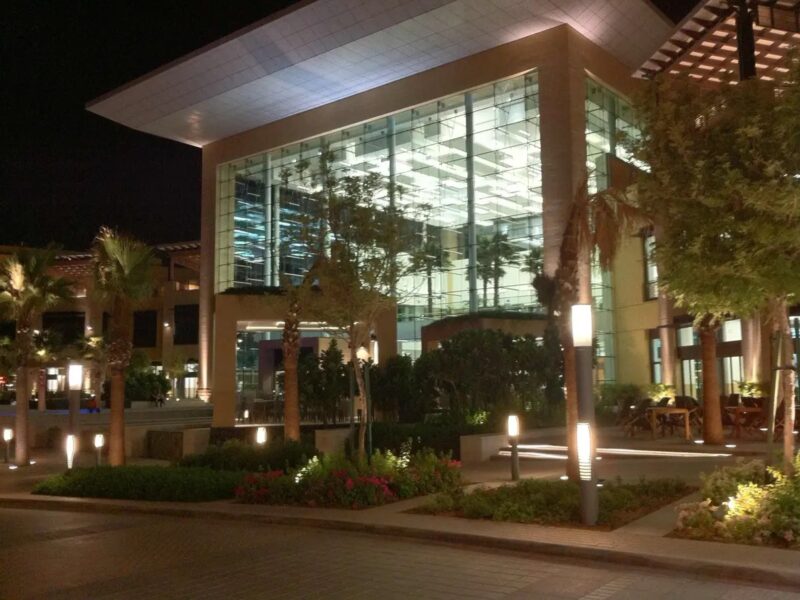 Lit glass-fronted building and landscaped street in Mirdif at night
