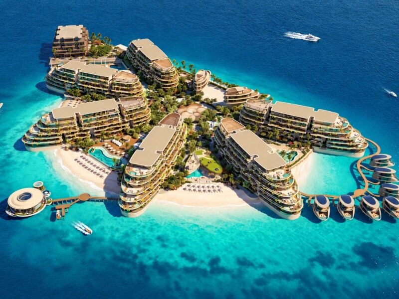 Aerial render of the Samana Collecta island on The World Islands with turquoise water